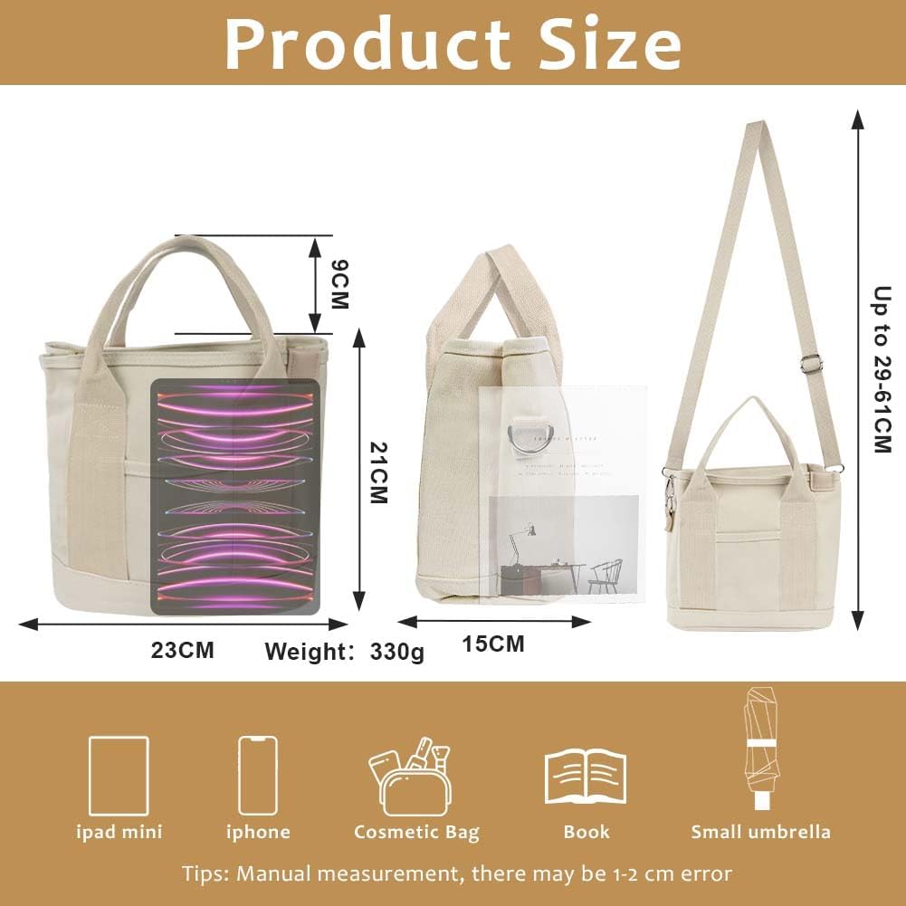 Aucuu Multi-Pocket Tote Bag, Canvas Tote Bags for Women, Crossbody Bags with Adjustable Strap, Large Capacity Shoulder Bag with Zipper, Ladies Handbags for School Shopping Work Travel - Image 8