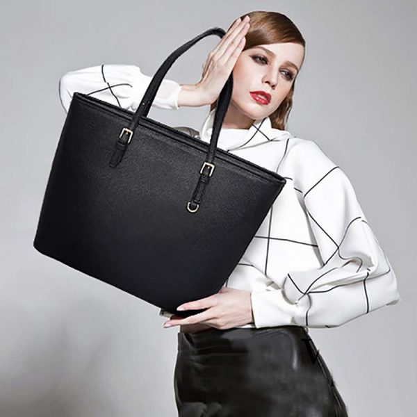 Women Tote Bag Black Handbag: Ladies Handbags Shoulder Bags Large Faux Leather Designer Top-Handle Purse with Zip Fashion Big Hand Compartments Shopper for School Work Casual, One Size - Image 3