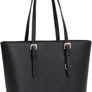 AOSSTA Womens Black Large Tote Bag for Laptop Travel Shoulder School Handbag Shoulder Bag with Zipper