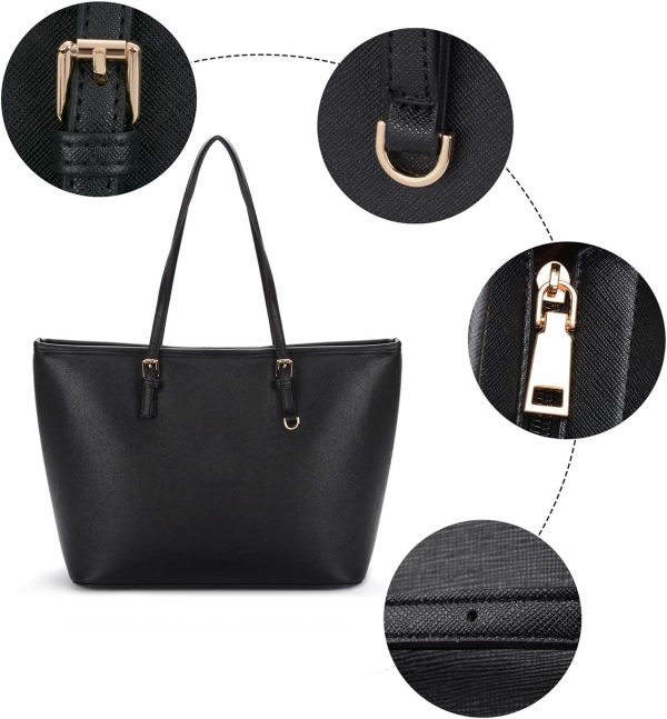 Women Tote Bag Black Handbag: Ladies Handbags Shoulder Bags Large Faux Leather Designer Top-Handle Purse with Zip Fashion Big Hand Compartments Shopper for School Work Casual, One Size - Image 6