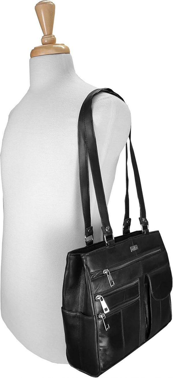 Quenchy London Ladies Real Leather Handbag - Womens Designer Black Shoulder Hand Bag with 2 Top Handles, 8 Pockets, 2 Large Zipped Main Sections – Medium Practical Size - QL173M - Image 2
