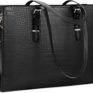 Lubardy Laptop Bags for Women Tote Bag 15.6 Inch Leather Large Ladies Handbag Work Bag Designer Business Shoulder Shopping Office Bag Black