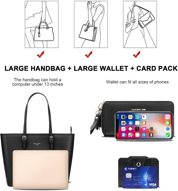 URAQT Women Handbags, 15.6 Inch Large PU Leather Handbags, Women's Top-Handle Black Large Tote Bag Handbag, Shoulder Crossbody Bags with Women's Wallet and Card Holder for School Work Travel - Image 6