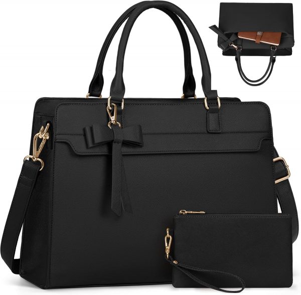 RAINSMORE Laptop Bags for Women 15.6 Inch Large Laptop Tote Bag PU Leather Ladies Laptop Handbag with Clutch Bag Water Resistant Work Bags for Business Office School Casual Black