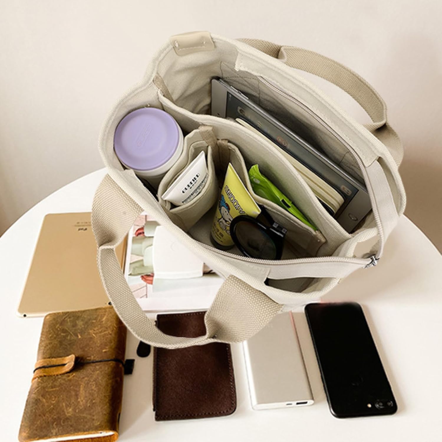 Aucuu Multi-Pocket Tote Bag, Canvas Tote Bags for Women, Crossbody Bags with Adjustable Strap, Large Capacity Shoulder Bag with Zipper, Ladies Handbags for School Shopping Work Travel - Image 3