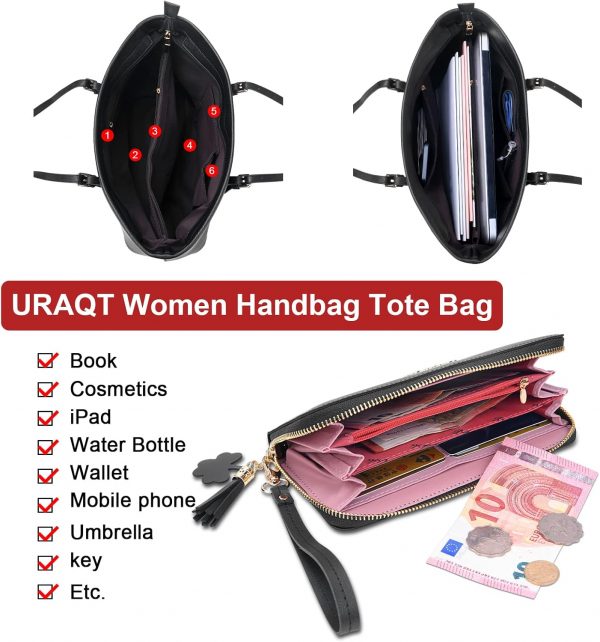 URAQT Women Handbags, 15.6 Inch Large PU Leather Handbags, Women's Top-Handle Black Large Tote Bag Handbag, Shoulder Crossbody Bags with Women's Wallet and Card Holder for School Work Travel - Image 4