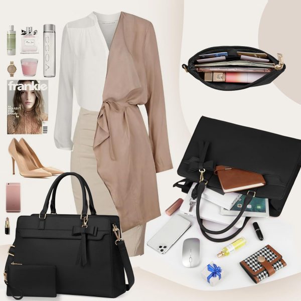 RAINSMORE Laptop Bags for Women 15.6 Inch Large Laptop Tote Bag PU Leather Ladies Laptop Handbag with Clutch Bag Water Resistant Work Bags for Business Office School Casual Black - Image 9