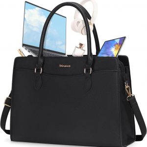RAINSMORE Laptop Bags for Women 15.6 Inch Ladies Work Bag PU Leather Designer Laptop Handbag Large Laptop Tote Bag for School Computer Business Travel Black