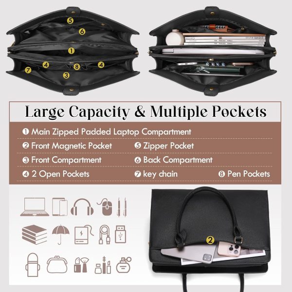 RAINSMORE Laptop Bags for Women 15.6 Inch Ladies Work Bag PU Leather Designer Laptop Handbag Large Laptop Tote Bag for School Computer Business Travel Black - Image 3