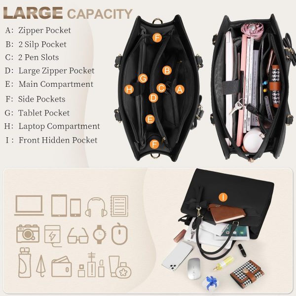 RAINSMORE Laptop Bags for Women 15.6 Inch Large Laptop Tote Bag PU Leather Ladies Laptop Handbag with Clutch Bag Water Resistant Work Bags for Business Office School Casual Black - Image 3