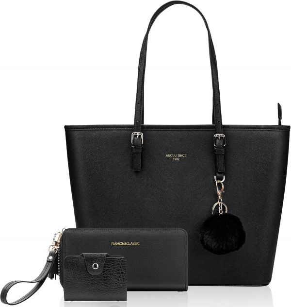 URAQT Women Handbags, 15.6 Inch Large PU Leather Handbags, Women's Top-Handle Black Large Tote Bag Handbag, Shoulder Crossbody Bags with Women's Wallet and Card Holder for School Work Travel