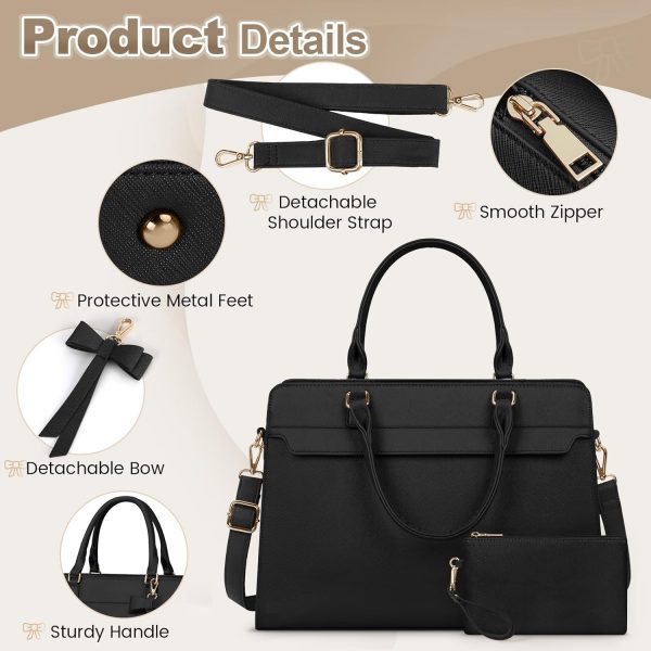 RAINSMORE Laptop Bags for Women 15.6 Inch Large Laptop Tote Bag PU Leather Ladies Laptop Handbag with Clutch Bag Water Resistant Work Bags for Business Office School Casual Black - Image 6
