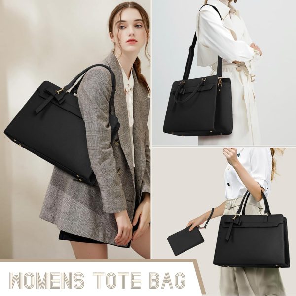 RAINSMORE Laptop Bags for Women 15.6 Inch Large Laptop Tote Bag PU Leather Ladies Laptop Handbag with Clutch Bag Water Resistant Work Bags for Business Office School Casual Black - Image 8