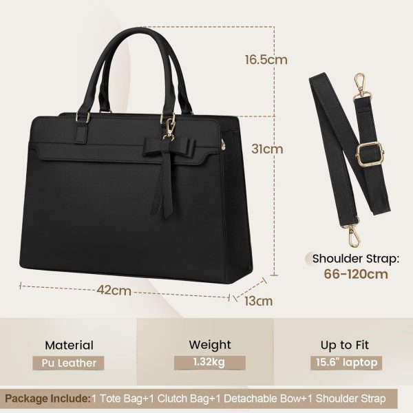 RAINSMORE Laptop Bags for Women 15.6 Inch Large Laptop Tote Bag PU Leather Ladies Laptop Handbag with Clutch Bag Water Resistant Work Bags for Business Office School Casual Black - Image 2