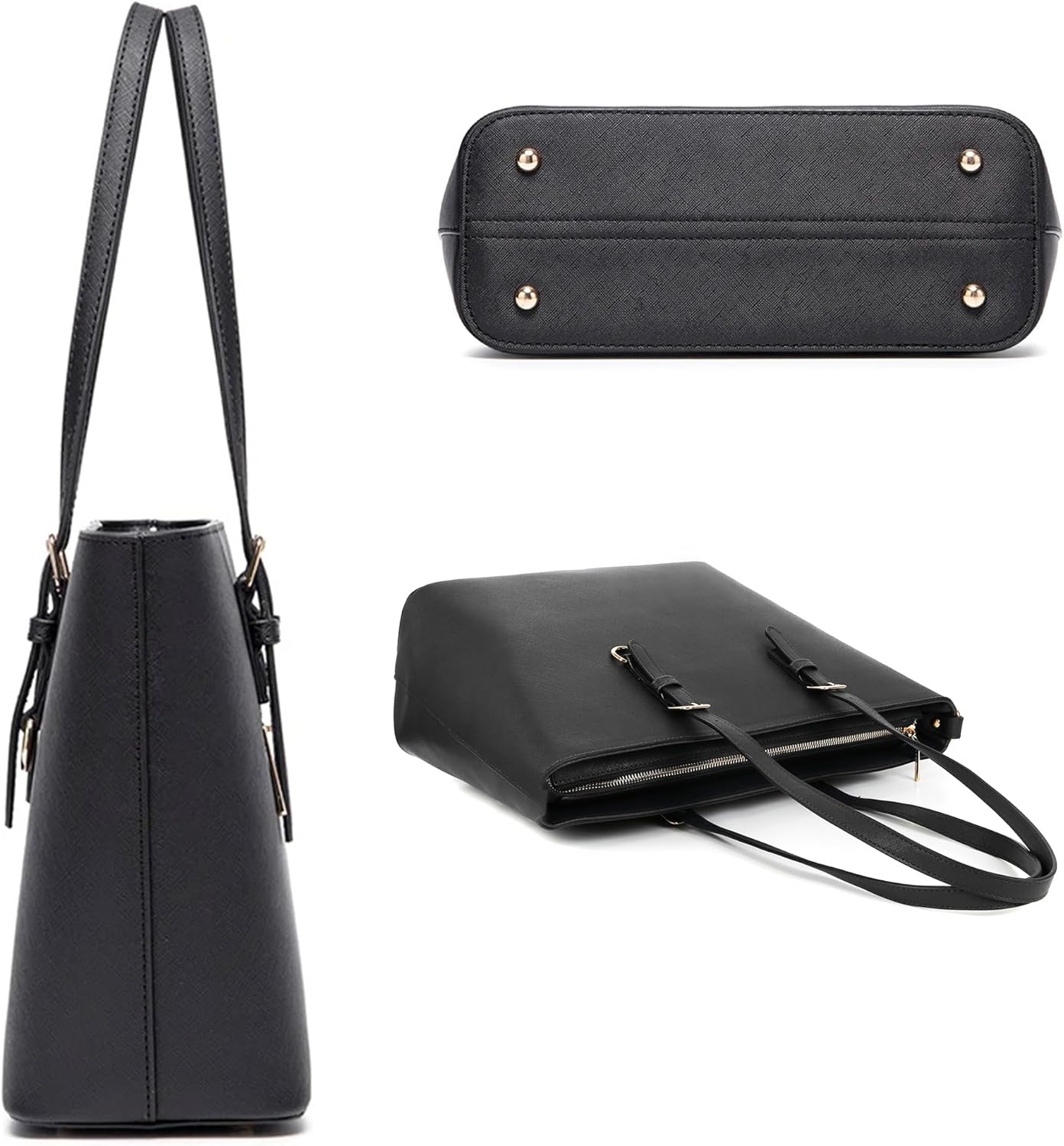 AOSSTA Womens Black Large Tote Bag for Laptop Travel Shoulder School Handbag Shoulder Bag with Zipper - Image 4