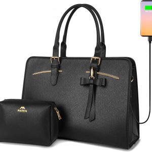 MATEIN Ladies Laptop Bags for Women Stylish, Leather Laptop Handbag with Notebook Compartment Designer Ladies Briefcase Work Bags for Women 15.6 Inch Laptop Tote Handbag for School, Office, Black