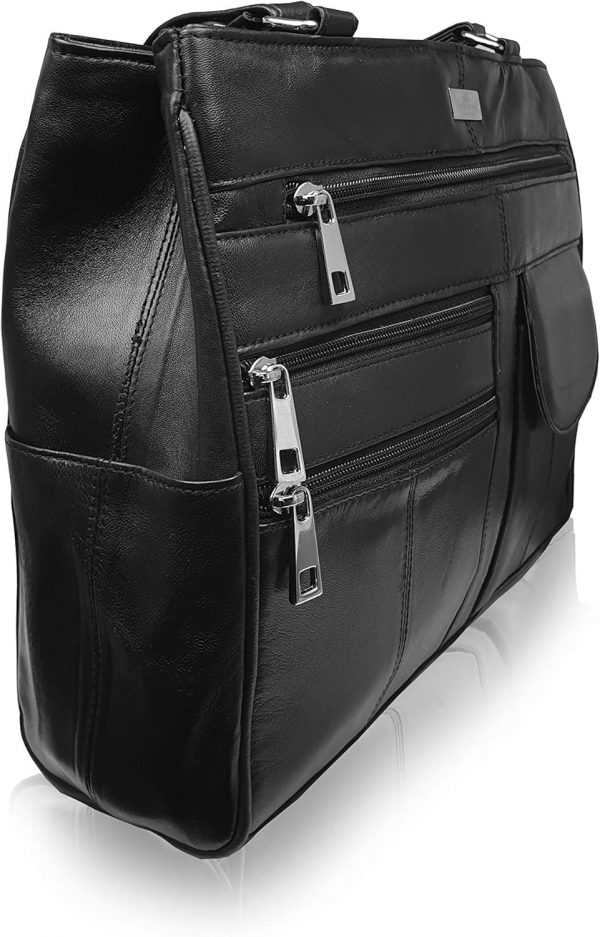 Quenchy London Ladies Real Leather Handbag - Womens Designer Black Shoulder Hand Bag with 2 Top Handles, 8 Pockets, 2 Large Zipped Main Sections – Medium Practical Size - QL173M - Image 7