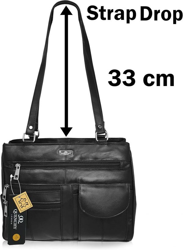 Quenchy London Ladies Real Leather Handbag - Womens Designer Black Shoulder Hand Bag with 2 Top Handles, 8 Pockets, 2 Large Zipped Main Sections – Medium Practical Size - QL173M - Image 6