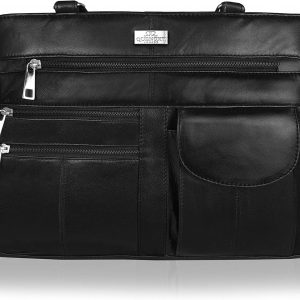 Quenchy London Ladies Real Leather Handbag - Womens Designer Black Shoulder Hand Bag with 2 Top Handles, 8 Pockets, 2 Large Zipped Main Sections – Medium Practical Size - QL173M