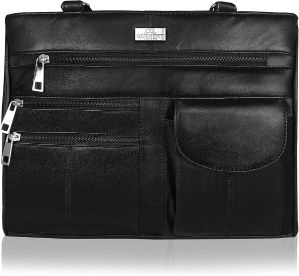 Quenchy London Ladies Real Leather Handbag - Womens Designer Black Shoulder Hand Bag with 2 Top Handles, 8 Pockets, 2 Large Zipped Main Sections – Medium Practical Size - QL173M