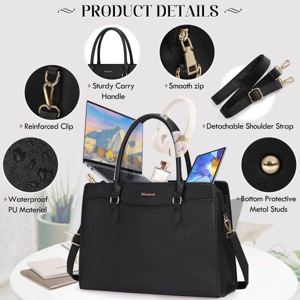 RAINSMORE Laptop Bags for Women 15.6 Inch Ladies Work Bag PU Leather Designer Laptop Handbag Large Laptop Tote Bag for School Computer Business Travel Black - Image 4