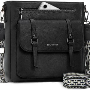 RAINSMORE Cross Body Bag Women Soft PU Leather Women's Cross-body Bags Medium Crossbody Bags for Women Handbags & Shoulder Bag with Adjustable Wide Straps Black