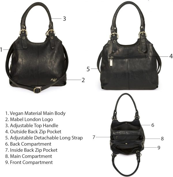 Mabel London Shoulder Bag for Women – Faux Leather Lightweight Crossbody Handbag – Vegan Everyday Handbag with Zipped Compartments – Ideal for Work, Travel & Casual Outfits - Image 5